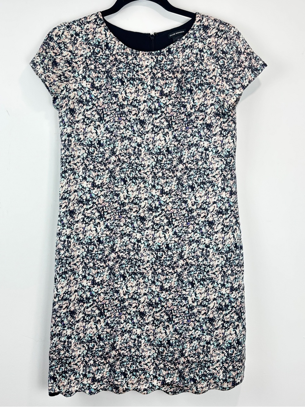 Club Monaco Silk Wool Blend Shift Dress Mini 00 Black Multicolor Textured Print